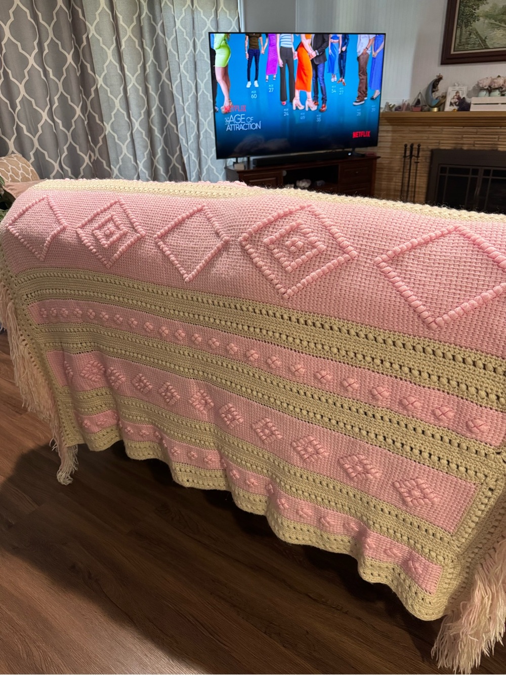 Handmade Pink & Cream Crochet Afghan Throw